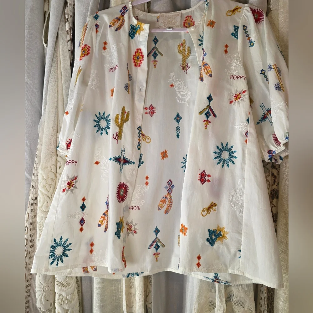 Johnny Was Southwestern Embroidered Top Western Cactus Puff Sleeve S